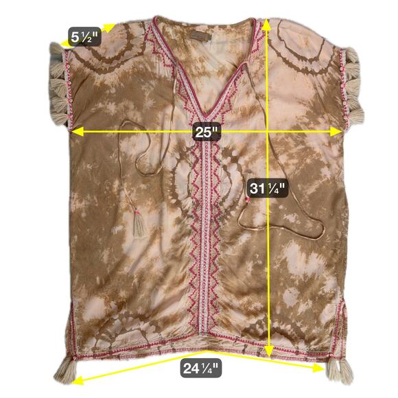 Tie Dye Kaftan Tunic Small Pink Tan Boho Chic Embroidery Tassels Festival Hippie - Picture 3 of 16